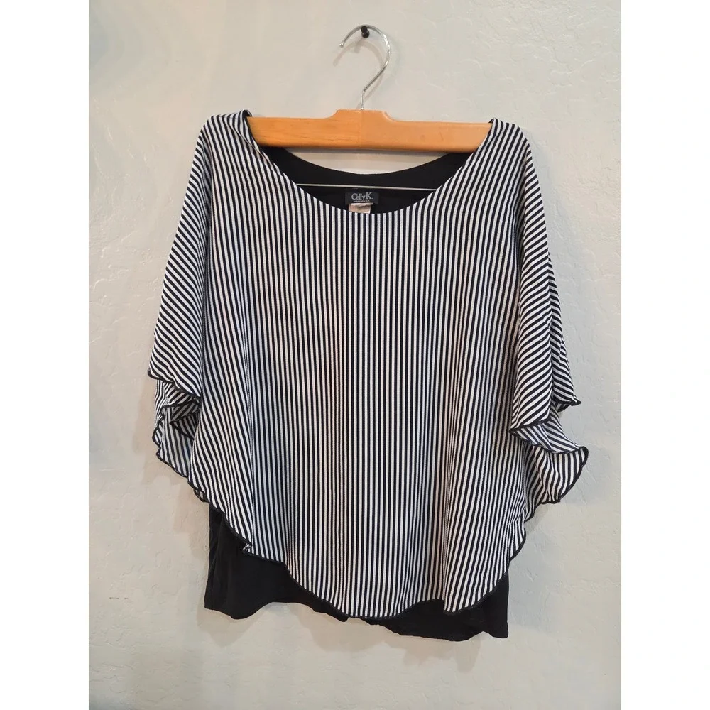 Vintage Celly K Large Striped Cape‎ Blouse Black White Layered Flutter Sleeve